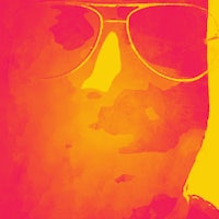 a man is wearing sunglasses on a yellow background